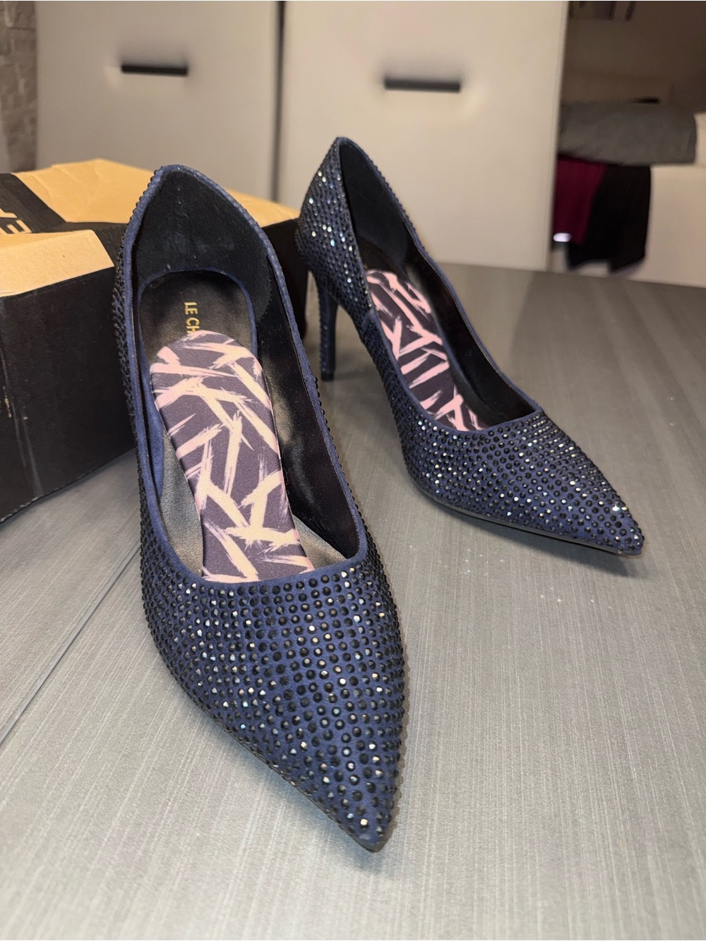 Navy Le Chateau Crystal Embellished Pointed-Toe High Heels